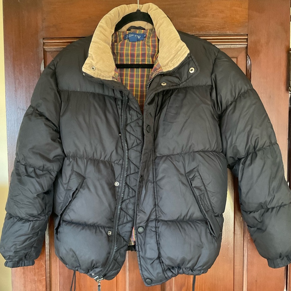 vintage 90s J Crew Black Puffer Jacket Tan Collar Plaid Lining. XS